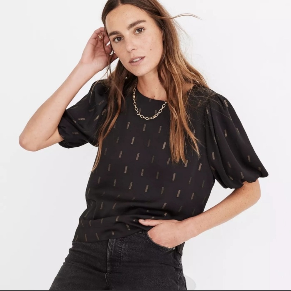 LIKE NEW Madewell Jaquard Puff-sleeved Top with Metallic Details, size XS